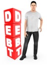 3d character , man worry , crying standing near a debt text in cube blocks