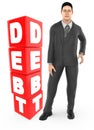 3d character , man worry , crying standing near a debt text in cube blocks