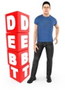 3d character , man worry , crying standing near a debt text in cube blocks