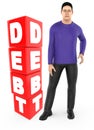 3d character , man worry , crying standing near a debt text in cube blocks