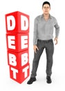 3d character , man worry , crying standing near a debt text in cube blocks