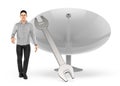 3d character , man ,wrench and dish antenna