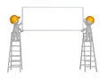 3d character 2 men up ladder with blank sign wearing yellow safety helmet