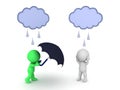 3D Character offering umbrella to distressed person under raincloud