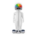 3d Character Person on a Medical Weight Control Floor Scale with BMI or Body Mass Index Scale Meter Dial Gage. 3d Rendering