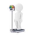 3d Character Person on a Medical Weight Control Floor Scale with BMI or Body Mass Index Scale Meter Dial Gage. 3d Rendering