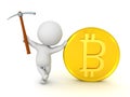 3D Character with pickaxe is leaning on bitcoin