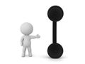 3D Character pointing towards old black phone handset Royalty Free Stock Photo