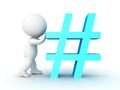3D Character pushing blue hashtag or pound sign
