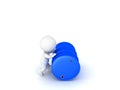 3D Character pushing blue oil barrel Royalty Free Stock Photo