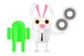 3d character , rabbit , green robot and a cog wheel