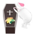 3d character , rabbit looking at a wooden coffin with flower on top of it