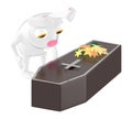 3d character , rabbit looking at a wooden coffin with flower on top of it