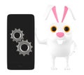 3d character , rabbit with mobile phone and cog wheel