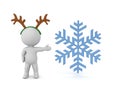 3D Character with reindeer antlers is showing a snowflake