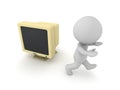 3D Character Running Away from an Old Computer Royalty Free Stock Photo