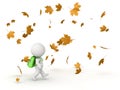 3D Character with School Bag and Autumn Leaves Royalty Free Stock Photo
