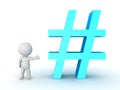 3D Character showing blue hashtag or pound sign