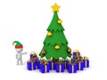 3D Character Showing Cartoonish Christmas Tree with Wrapped Gift