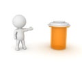 3D Character showing large orange drug pill bottle Royalty Free Stock Photo