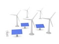 3D Character Showing Solar Panels and Wind Turbines Royalty Free Stock Photo