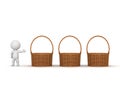 3D Character Showing Three Empty Wicker Weaved Baskets