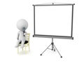 3D Character sitting on chair with microphone and projector screen