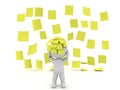 3D Character sitting in a rain of yellow post it sticky notes Royalty Free Stock Photo