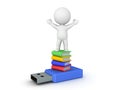 3D Character sitting on top of stack of books and usb stick Royalty Free Stock Photo