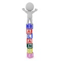 3D Character standing on letter blocks spelling Balance