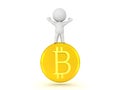 3D Character standing on top of a bitcoin with his arms raised