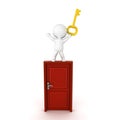 3D Character standing on top of a door with his arms raised and Royalty Free Stock Photo