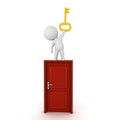 3D Character standing on top of a door and holding a shiny golden key Royalty Free Stock Photo