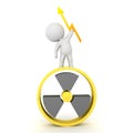 3D Character standing on top of nuclear sign and holding lightining bolt in hand