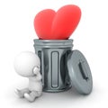 3D Character stressed next to heart thrown in garbage can