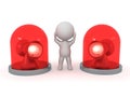 3D Character is stressed between two red flashing light beacons Royalty Free Stock Photo