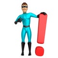 3d character in a superhero costume on a white background, based on an exclamation point. 3d illustration