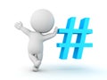 3D Character waving and leaning on blue pound or hashtag sign Royalty Free Stock Photo