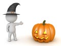 3D Character wearing witch hat and showing jack o latern pumpkin