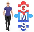 3d character , woman and cms text in jigsaw Royalty Free Stock Photo