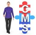 3d character , woman and cms text in jigsaw Royalty Free Stock Photo