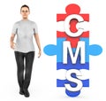 3d character , woman and cms text in jigsaw Royalty Free Stock Photo