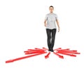 3d character , woman confused , doubtfull while standing in centre of arrows pointing towards differemt direction Royalty Free Stock Photo