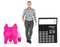 3d character ,woman , piggy bank and a calculator Royalty Free Stock Photo