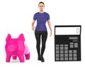 3d character ,woman , piggy bank and a calculator Royalty Free Stock Photo