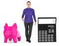 3d character ,woman , piggy bank and a calculator Royalty Free Stock Photo