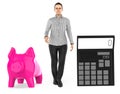 3d character ,woman , piggy bank and a calculator Royalty Free Stock Photo