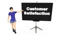 3d character , woman pointing his hand towards a presentation board with customer statisfaction text in it Royalty Free Stock Photo