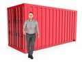 3d character , woman , standing near a container
