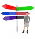 3d character , woman standing near to a empty different direction pointed arrows sign board